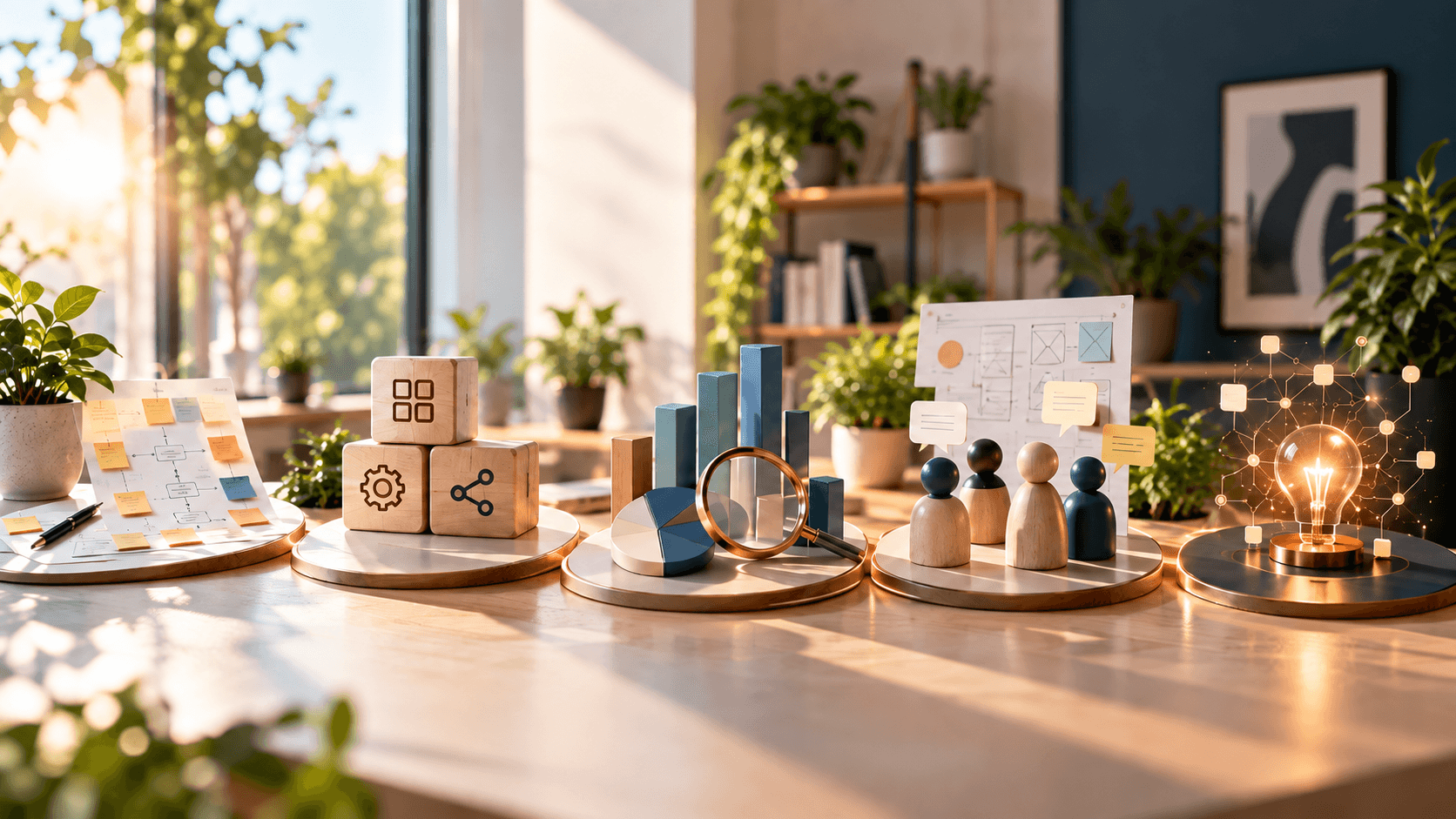 Bureau lumineux avec cinq mises en scène illustrant les expertises : un schéma de processus avec des notes adhésives, des cubes en bois portant des icônes d’outils, des graphiques avec une loupe, des figurines de personnes avec des bulles de dialogue et une ampoule reliée à un réseau.