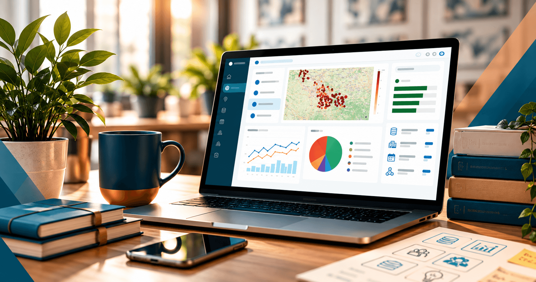 Ordinateur portable sur un bureau affichant un tableau de bord d’analyse : carte avec des points de localisation, graphiques en courbes, en barres et en secteurs.