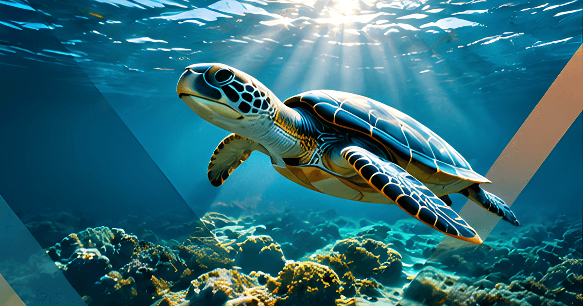 Tortue marine nageant sous la surface de l’océan, au-dessus de fonds rocheux.